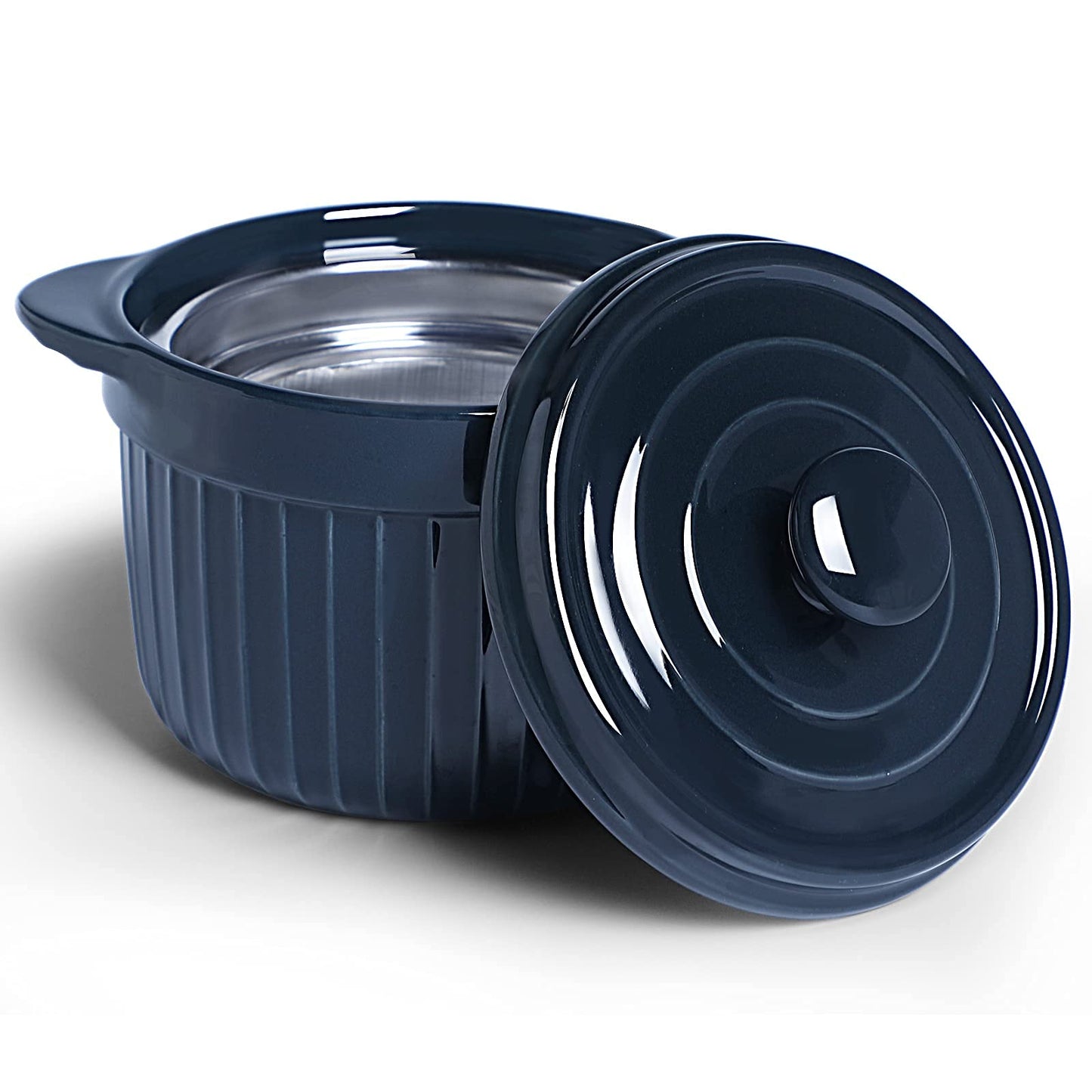 ONTUBE Ceramic Bacon Grease Container Keeper with Strainer, Frying Oil Storage Can 17 oz, Navy