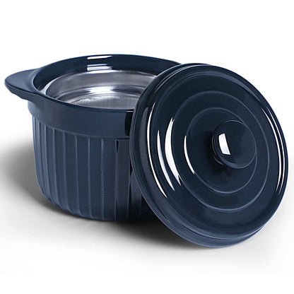 ONTUBE Ceramic Bacon Grease Container Keeper with Strainer, Frying Oil Storage Can 17 oz, Navy