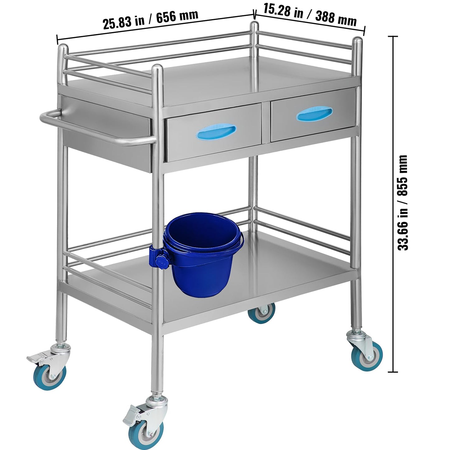 Happybuy 2-Tier Stainless Steel Medical Serving Cart, Utility Rolling Cart with Drawers, Lockable Wheels, Perfect for Laboratories, Hospitals, and Dental Clinics