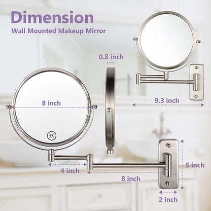 ALHAKIN 9" Wall Mounted Lighted Makeup Mirror, Large Rechargeable 1X/10X Magnifying Mirror with 3 Color Lights Dimmable, 360° Rotation, Nickel