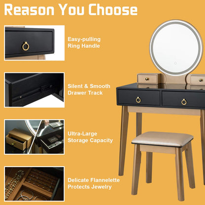 AUGESTER Vanity Set Touch LED Mirror, Dressing Table w/ Brightness Adjustable & 3 Hues Mirror, 4 Sliding Drawers, Well-Padded Stool, Modern Bedroom Makeup Vanity Set Women Girls, Black,white,navy