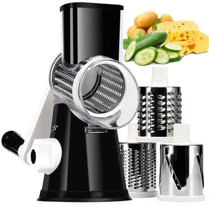 KEOUKE Rotary Cheese Grater Hand Crank Black - Shredder Slicer Grinder 3 Stainless Steel Blades, Stable Suction, Labor-Saving Handle, Safe Kitchen Tool for Cheese, Vegetable, Nuts, Chocolate