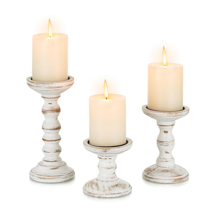 Candeldo Wood Candle Holders for Pillar: Rustic Candles Holder Set of 3 Tall Table Centerpiece Shabby Chic Decor Wooden White Farmhouse Decorations for Fireplace Mantle