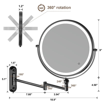 9" Wall Mounted Makeup Lighted Mirror, 4000mAh Rechargeable Double Sided LED Vanity Mirror with Height Adjustable&1X/10X Magnification, 3 Color Lights Touch Screen Dimmable 360°Swivel Bathroom Mirror