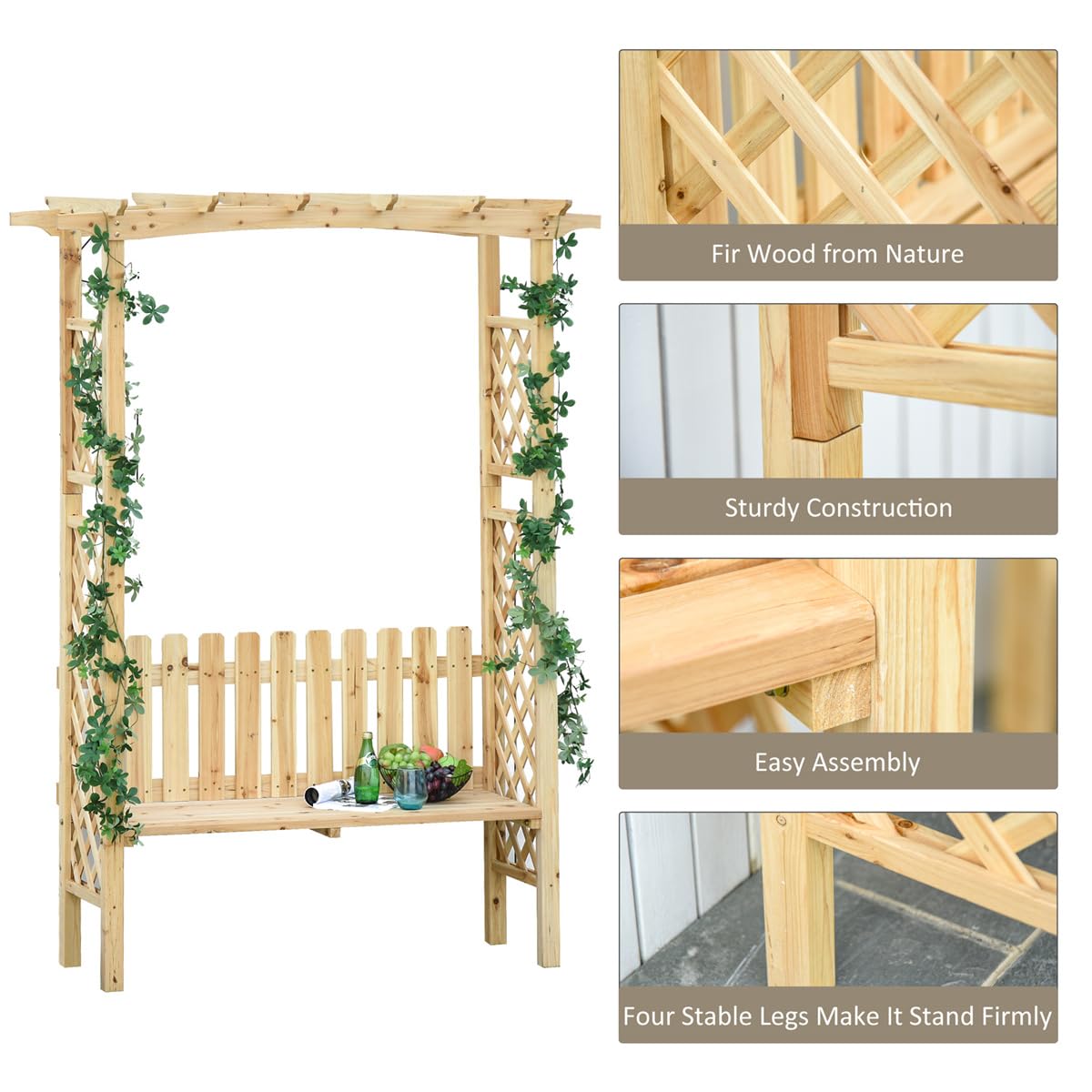 NAAMOTOMOX Garden Bench Wooden Arbor for Side Trellis Climbing Plants with Arch to Grow Flowers, Grapes & Vines, Patio Decor & 2-Person Outdoor Wood Decorative Seating, Natural