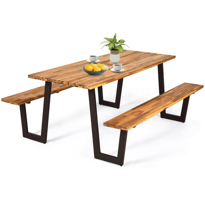 S AFSTAR 70" Outdoor Picnic Table, Heavy Duty Wooden Table and Bench Set with Umbrella Hole, All-Weather Acacia Wood Picnic Tables for 6, Garden, Backyard, Porch, Patio