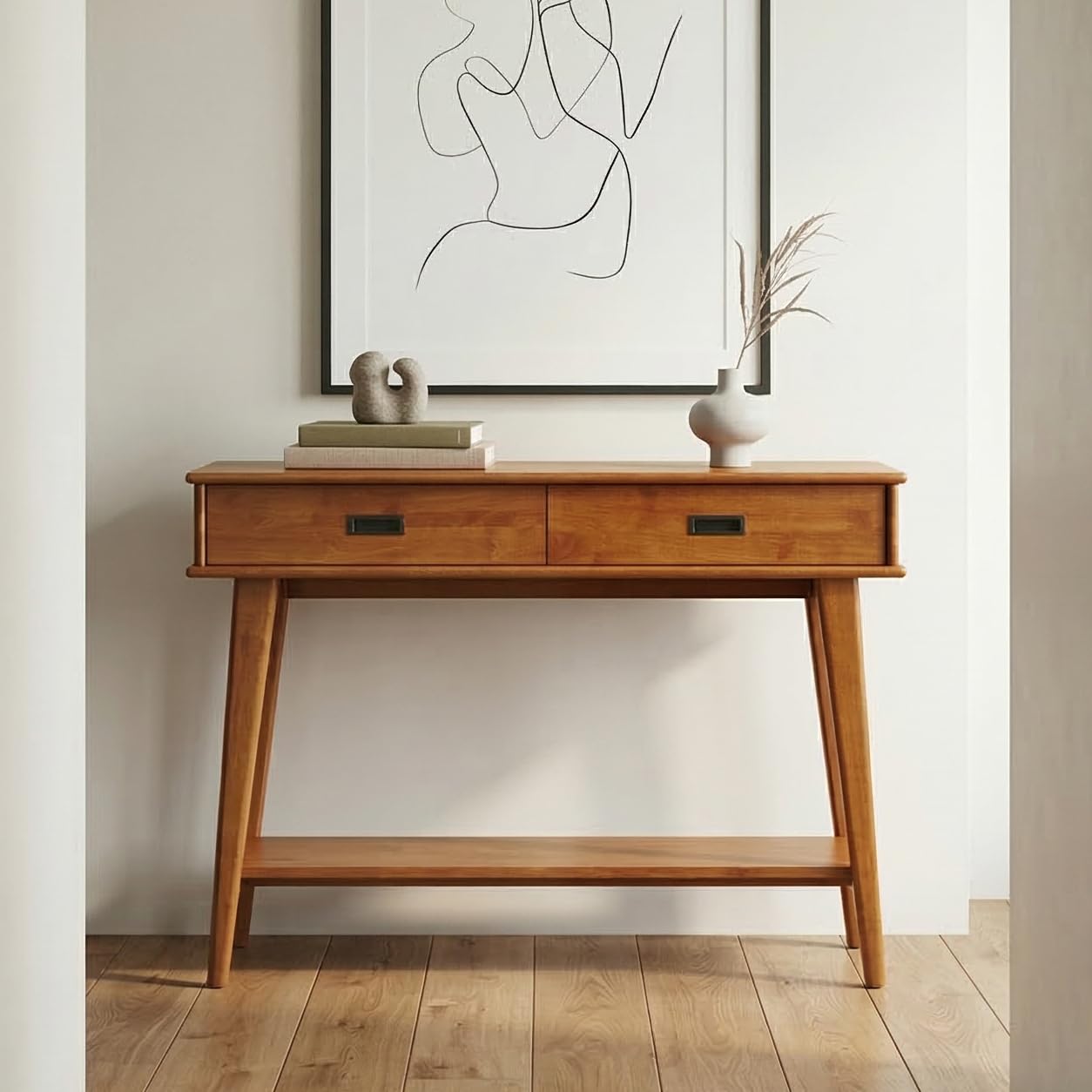 SIMPLIHOME Draper Console Table - 42 inch Wide Solid Wood Entryway Table in Teak Brown, Mid-Century Modern Accent Table for Hallway and Living Room with 2 Drawers and Open Shelf