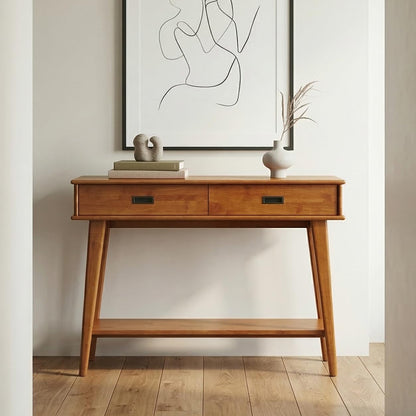 SIMPLIHOME Draper Console Table - 42 inch Wide Solid Wood Entryway Table in Teak Brown, Mid-Century Modern Accent Table for Hallway and Living Room with 2 Drawers and Open Shelf