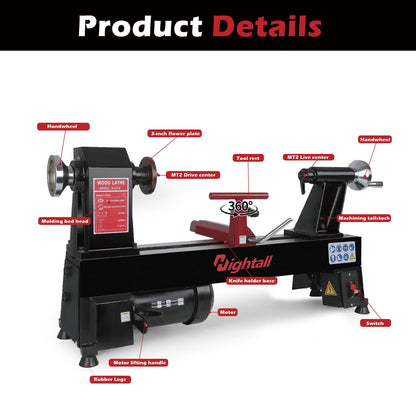 Wood Lathe Machine, 12 x 18 inch, 550W 3/4HP, 5 Speed Settings 680-2770 RPM,Benchtop Lathe with MT2 Drive/Live Center