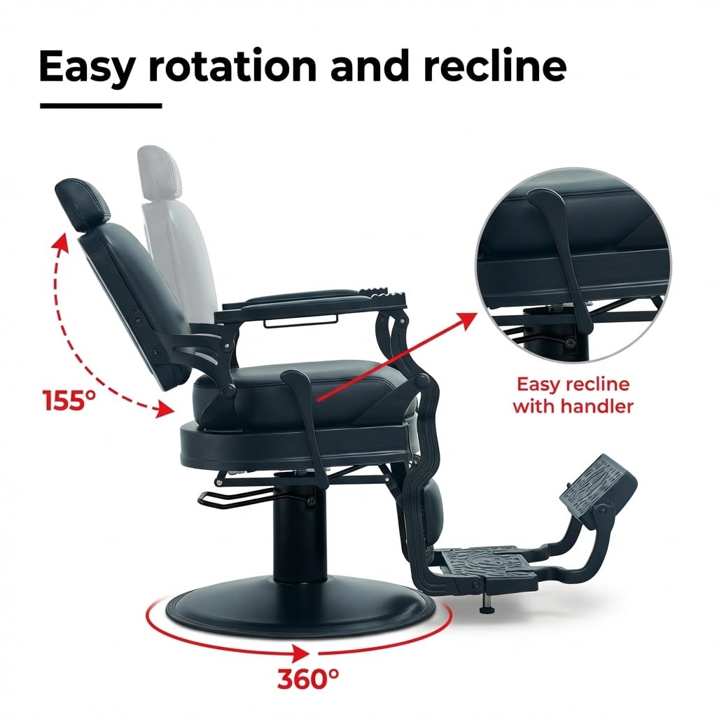 Grace&Grace Barber Salon Chair for Barbershop,Heavy Duty 700 lbs Recline Salon Chair for Hair Beauty Stylist Tattoo Home (Black-Black)