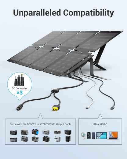 BigBlue 60W Portable Solar Panels with PD 45W USB-C, 20W USB-A, DC Port for Power Station, Phone, Power Bank, Tablet, IP68 Waterproof Foldable Solar Charger with Kickstand for Camping, RV, Emergency