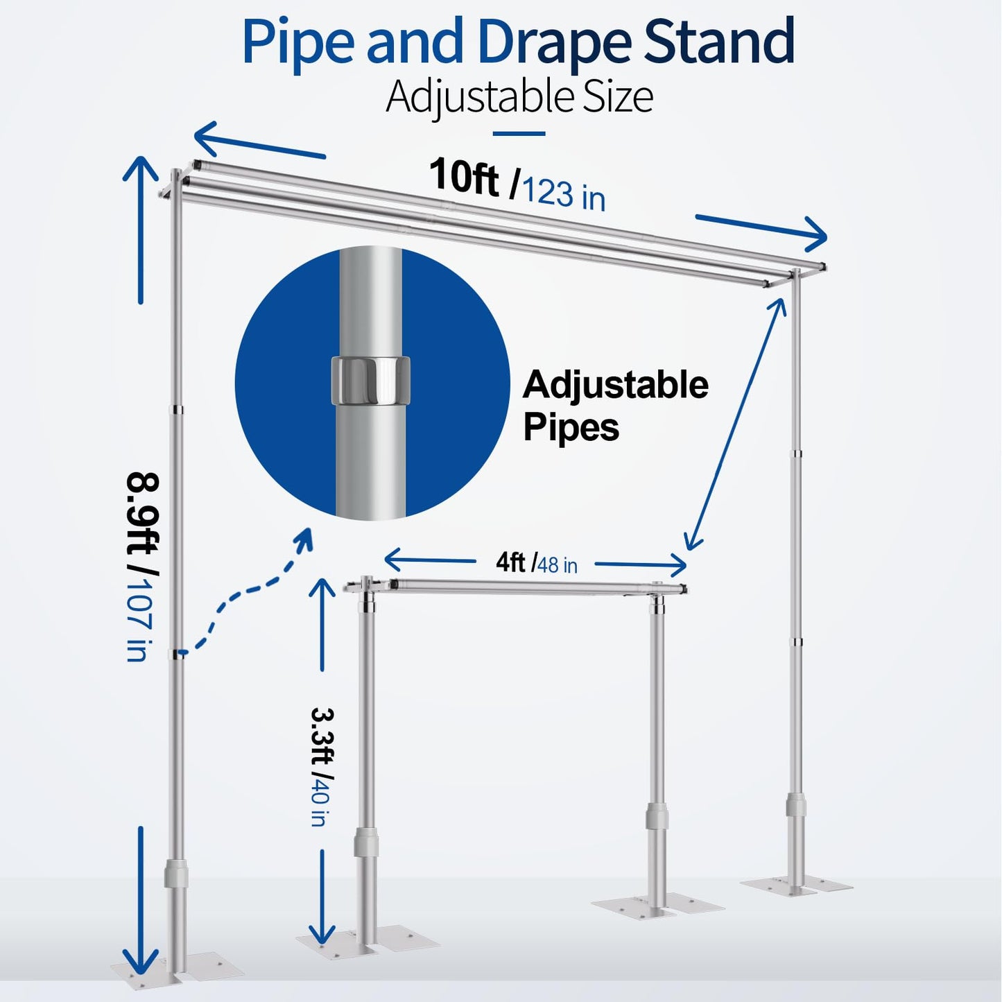 Qoolfoto 8.9x10ft Pipe and Drape Backdrop Stand, Three Crossbar, Heavy Duty Adjustable Background Frame with Metal Base for Parties Photography Wedding Photoshoot Decoration