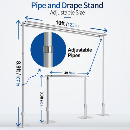 Qoolfoto 8.9x10ft Pipe and Drape Backdrop Stand, Three Crossbar, Heavy Duty Adjustable Background Frame with Metal Base for Parties Photography Wedding Photoshoot Decoration