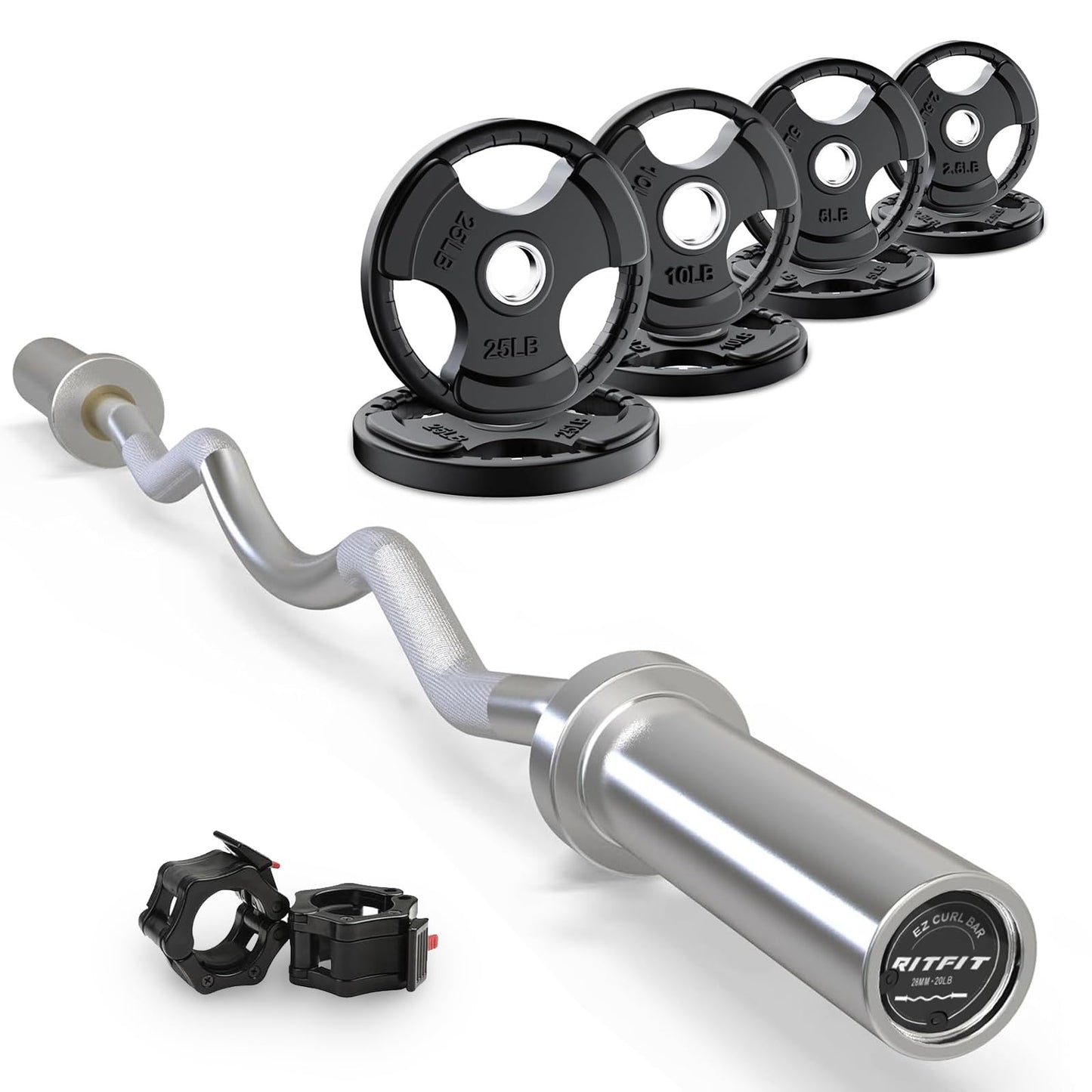 RitFit 2 Inch EZ Curl Bar with Weights, 350LBS Capacity Olympic Barbell for Bicep & Triceps, Home Gym Strength Training,with 85LBweights