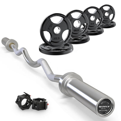 RitFit 2 Inch EZ Curl Bar with Weights, 350LBS Capacity Olympic Barbell for Bicep & Triceps, Home Gym Strength Training,with 85LBweights