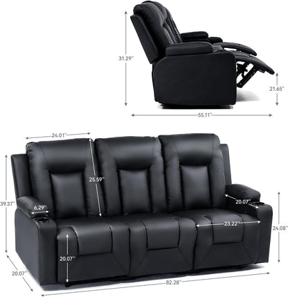 LUCKLIFE Leather Recliner Sofa Set with Manual Recliners,Living Room Furniture Set with Reclining Couch,Loveseat and Armchair,Living Room Chair with Cup Holders,Black (3+1)