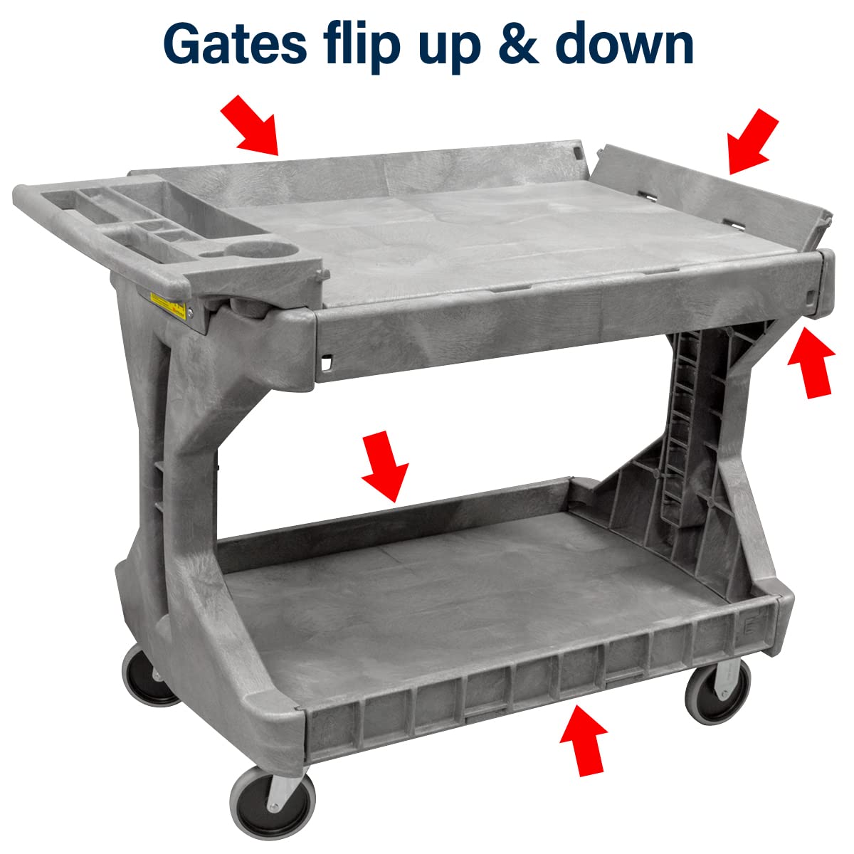 Akro-Mils 30936 ProCart 400 Pound Capacity Heavy Duty 2 Tier Rolling Service Utility Cart with Wheels and Hinged Side Gates, 46-Inch x 24-Inch x 35-Inch, Gray