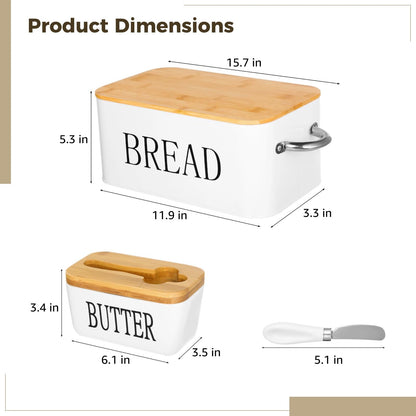 Bread Box and Butter Dish, Metal Bread Storage Container with Cutting Board Wood Lid, Ceramic Butter Dish with Sealing Wood Lid & Cutter