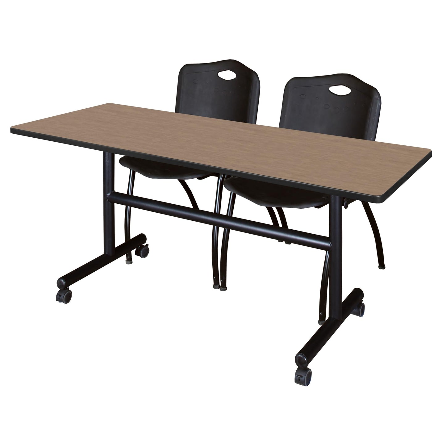 Regency Kobe 60 x 24 in. Flip-Top Training Nesting Table- Noble Oak, 2 M Stack Chairs- Black
