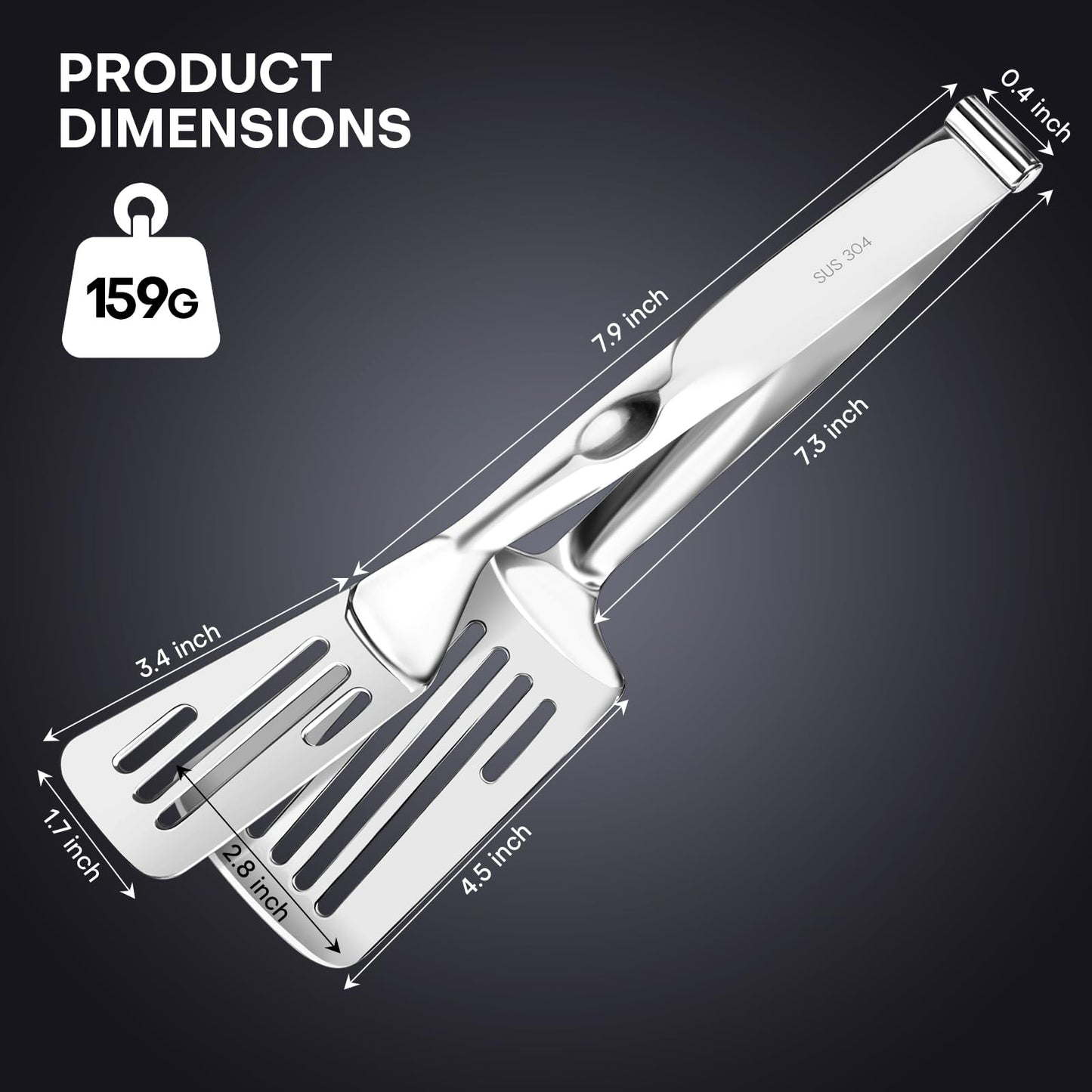 Nezylaf 2-in-1 Spatula Tongs, 11.8 Inch 304 Stainless Steel Kitchen Tongs for 12 Inch Cooking Use, Detachable Metal Tongs with Oil Drain Holes for Grilling Frying Steak