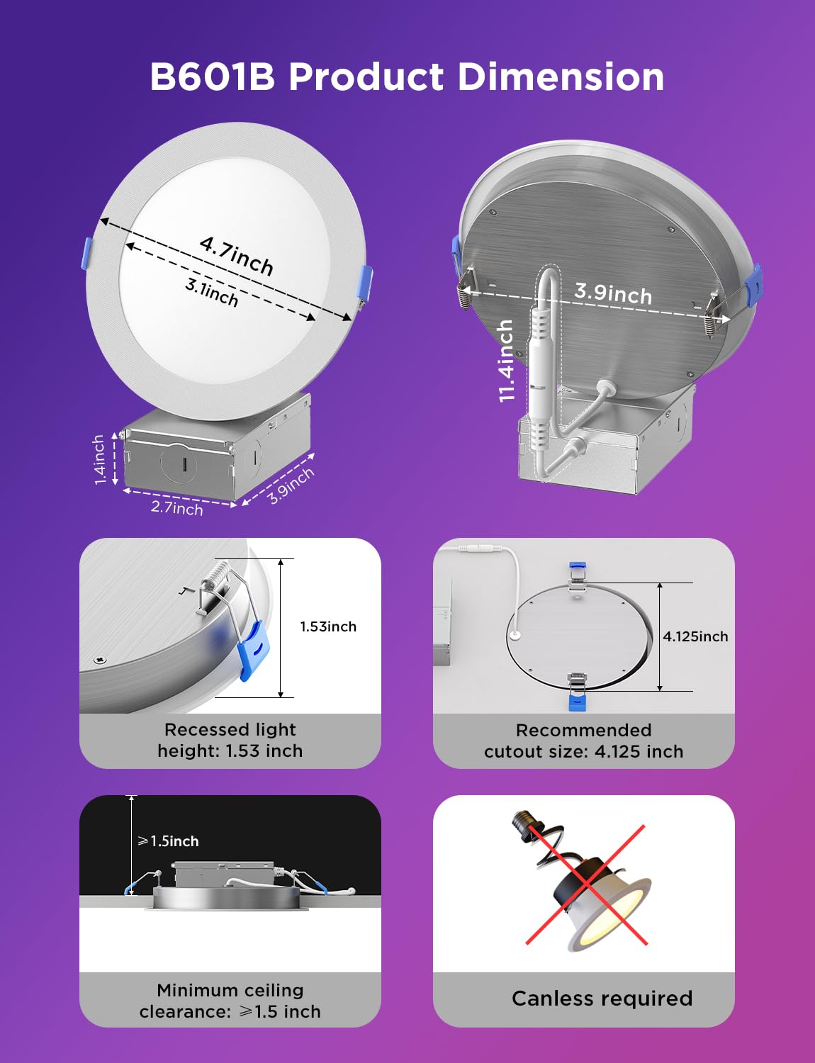 Govee Smart Recessed Lighting 6 Inch, Wi-Fi Bluetooth Direct Connect RGBWW LED Downlight, 65 Scene Mode, Canless Recessed Light Work with Alexa & Google Assistant with Junction Box, 1100 Lumen, 4 Pack