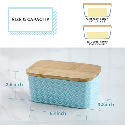 Hasense Farmhouse Butter Dish with Lid for Countertop, Butter Keeper & Holder, Butter Container for Fridge with Wooden Freshness Seal, Enhance Kitchen Decor, Holds Two Sticks of Butter, Turquoise