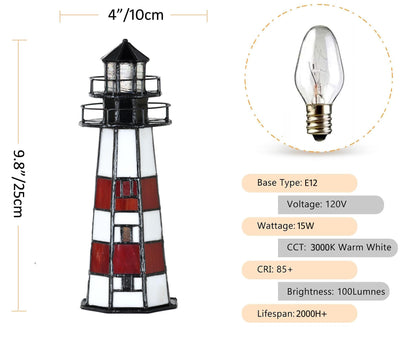 HomeBeauty A0016 Tiffany Lighthouse Lamp Stained Glass Accent Table lamp Night Light for Home Decoration, Bulb Included (RED)