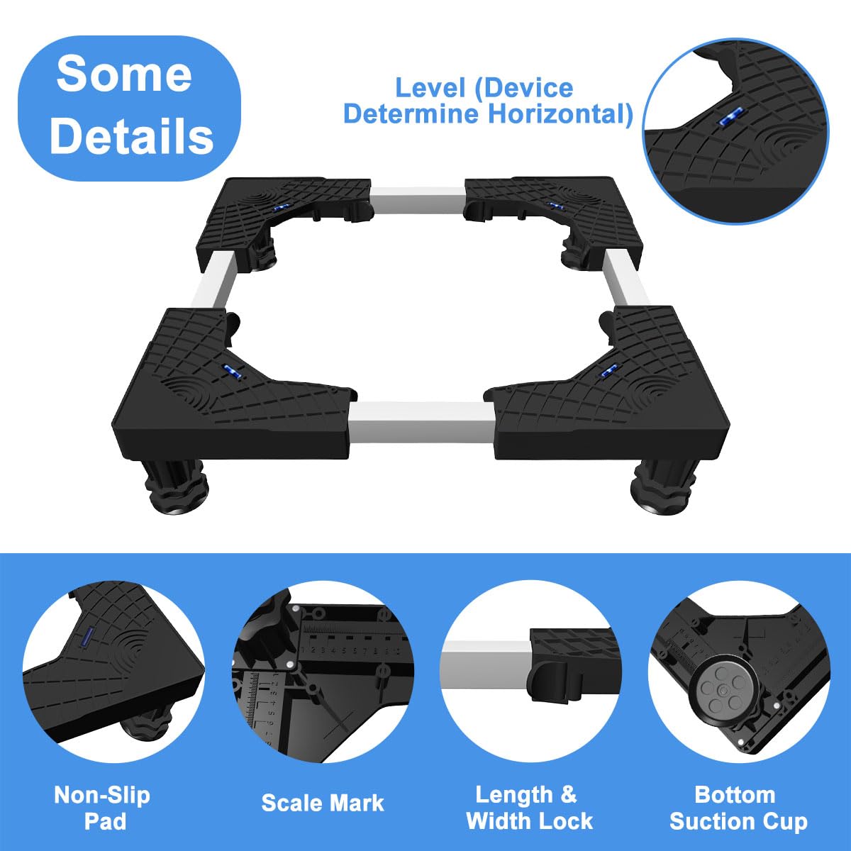 KUPAO Mini Fridge Stand with Silicone Drip Tray, Universal Adjustable Base with 4 Strong Feet, 23.6" x 23.6" Mini Fridge Mat, Suitable for Small Refrigerators, Portable Compact Washer or Dryer, Black