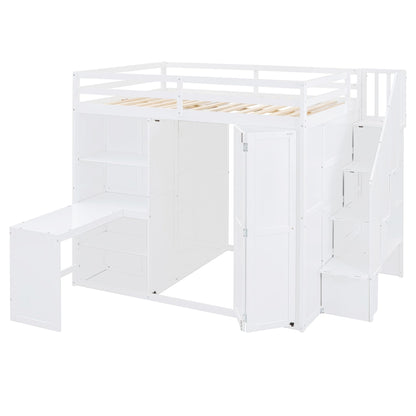 Merax Full Size Loft Bed, Wood Bedframe with Wardrobe, Storage Stairs, Desk and Shelves for Kids Teens Adults Bedroom, White