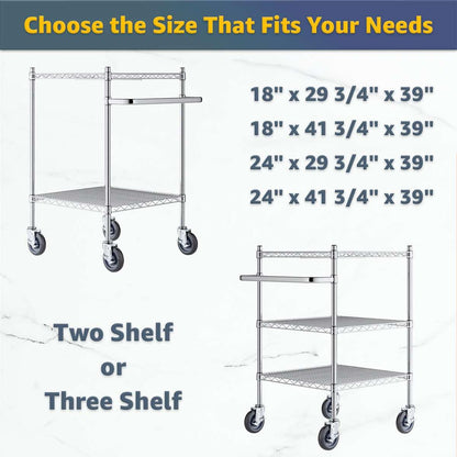 18" x 41 3/4" x 39" Commercial NSF Chrome 3 Shelf Metal Utility Cart with U-Shaped Handle - Heavy-Duty Wire Rolling Cart with Casters, Mobile Serving Storage Cart for Warehouse, Office, Kitchen