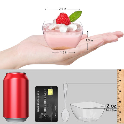 TOFLEN 100ct 2 oz Mini Dessert Cups with Spoons, Clear Plastic Reusable Small Party Serving Cups for Appetizers, Hors D'oeuvres Plates