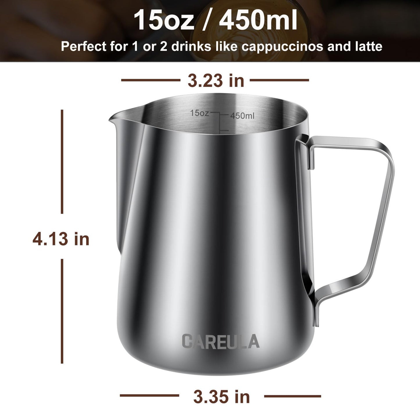 Milk Frothing Pitcher, 15oz Stainless Steel Milk Frother Cup Steaming Pitcher, Coffee Bar Cappuccino Espresso Machine Accessories Barista Tools, Metal Pitcher Milk Jug with Decorating Latte Art Pen