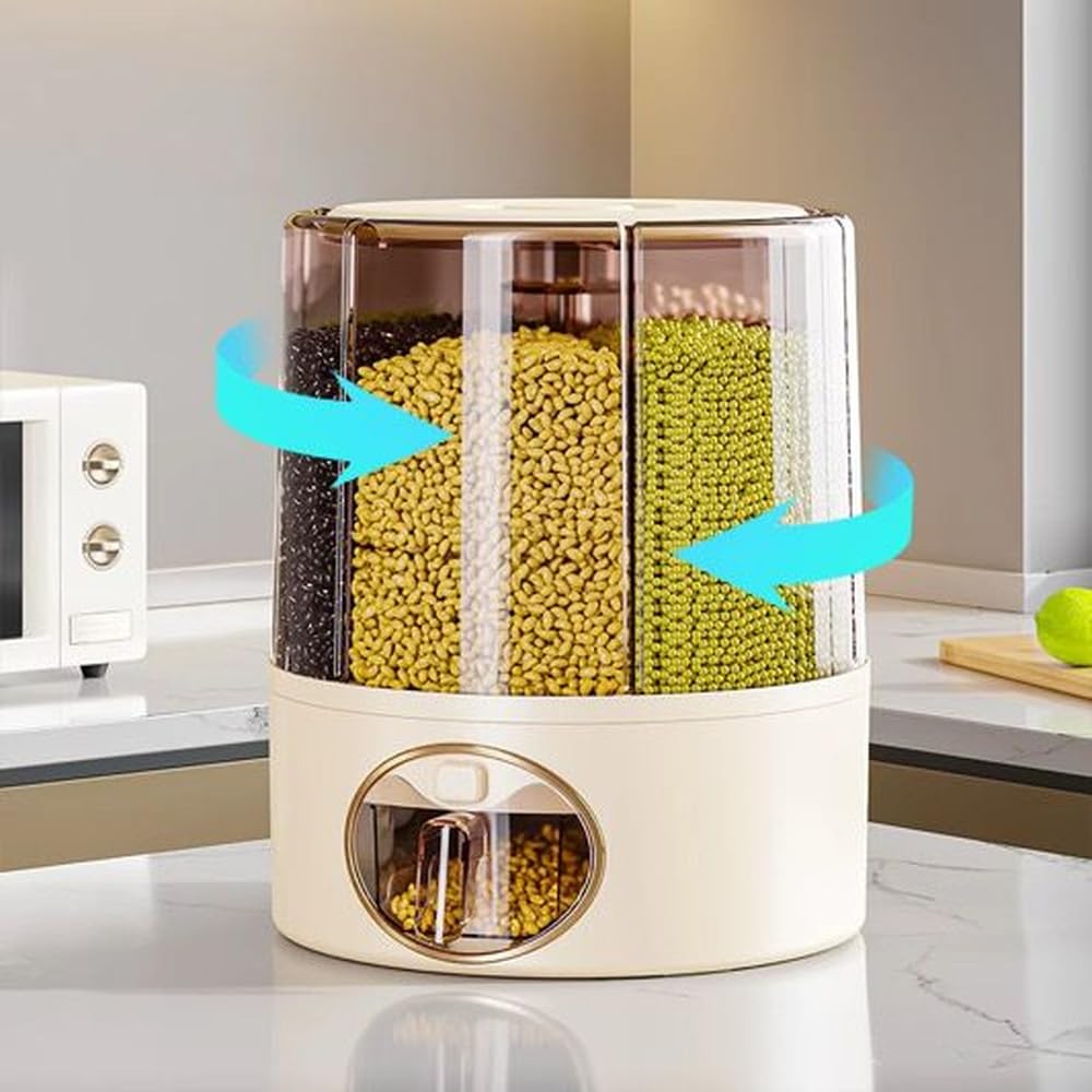 GSC Industries Premium 6-Grid Rotating Food Dispenser with Sealed Lid – 360° Rotation Grain Storage Container for Rice, Beans, Cereal, Peanuts, Barley, and More – Kitchen Pantry Organizer