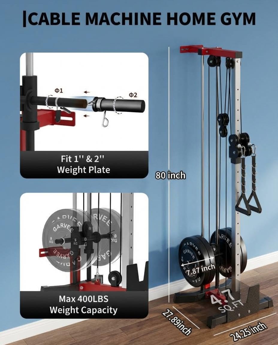 Wall Mount Cable Machine, Dual Pulley Cable Crossover & LAT Pulldown System for Home Gym with 19 Adjustable Positions, Tricep Rope, LAT Bar & Footboard, Space-Saving Garage Fitness Equipment