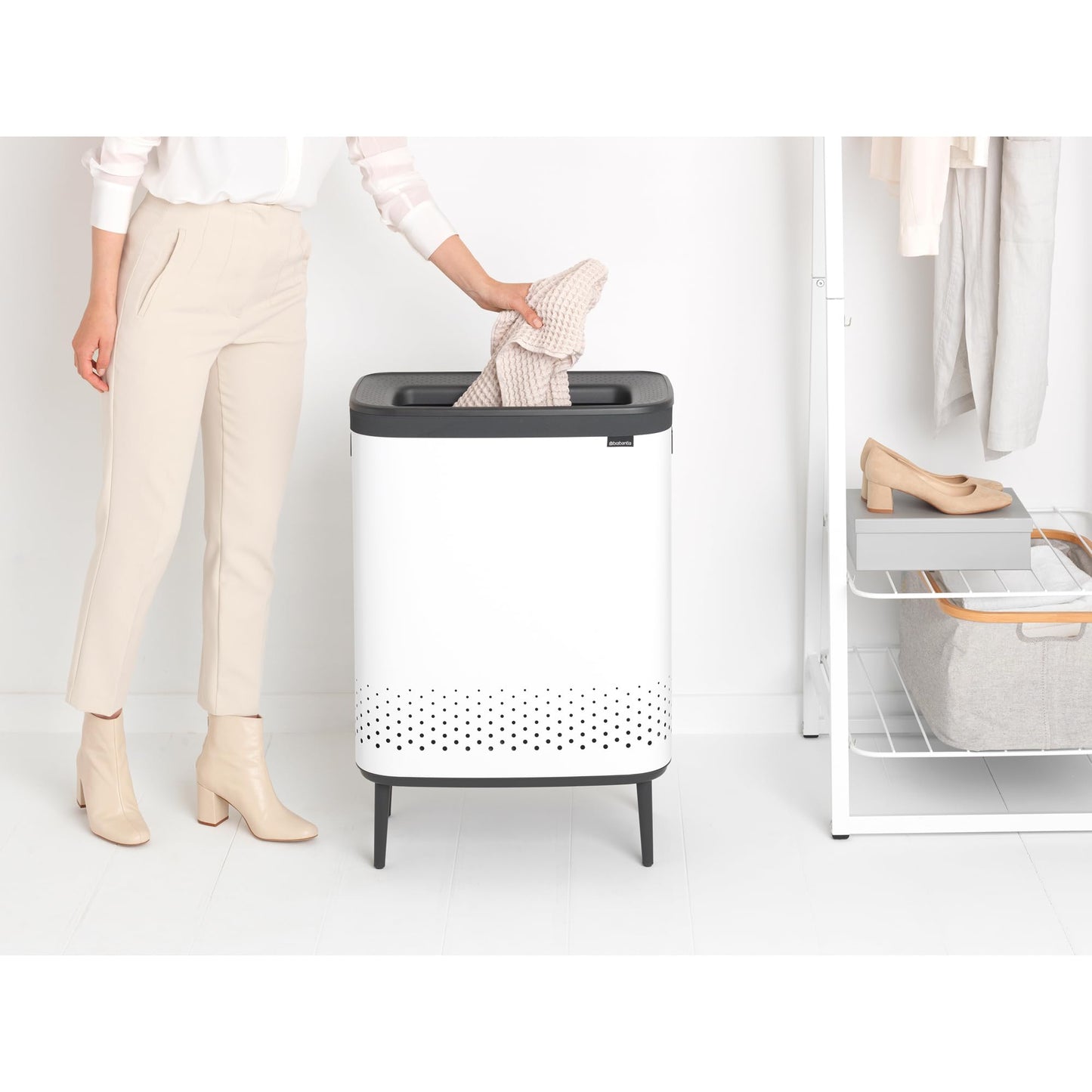 Brabantia Bo Laundry Hamper Hi (White) 2 Compartment Removable Laundry Bag 2 x 12 Gal, Ventilated Stylish Dirty Clothes Holder, Flat Back, Off-the Ground, Anti-Rust Materials for Bathroom Use