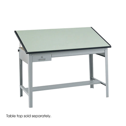 Pemberly Row Modern Drafting Table Base, Heavy-Gauge Steel Frame, Gray Finish, 35.5" H x 56.38" W x 30.5" D, Tilt Function Up to 50 Degrees, Locking Tool & Reference Drawers, Office Use