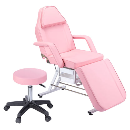 Massage Salon Tattoo Chair with Two Trays Esthetician Bed with Hydraulic Stool,Multi Purpose 3 Section Facial Bed Table, Adjustable Beauty Barber Spa Beauty Equipment, Pink