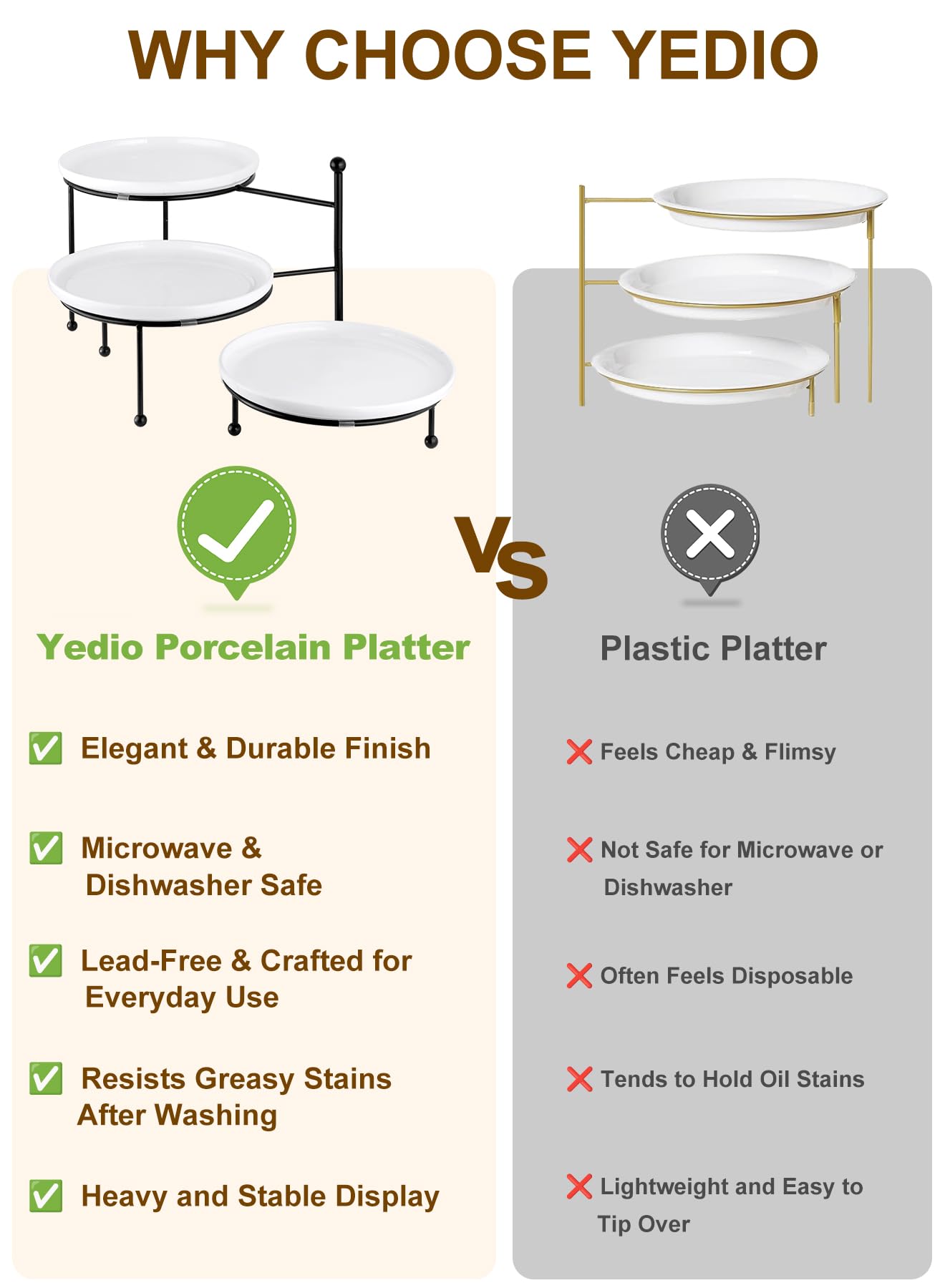 Yedio 3 Tiered Serving Stand with White Porcelain Plates, 10" Round Tray, Dessert Table Display Set, Round Dishes with Black Metal Display Stand for Veggie, Fruit, Cookies, Black