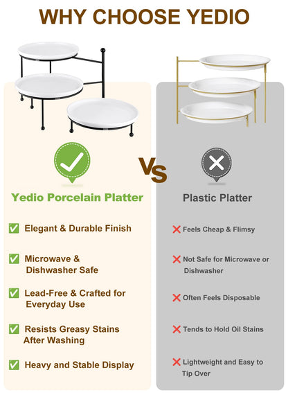 Yedio 3 Tiered Serving Stand with White Porcelain Plates, 10" Round Tray, Dessert Table Display Set, Round Dishes with Black Metal Display Stand for Veggie, Fruit, Cookies, Black