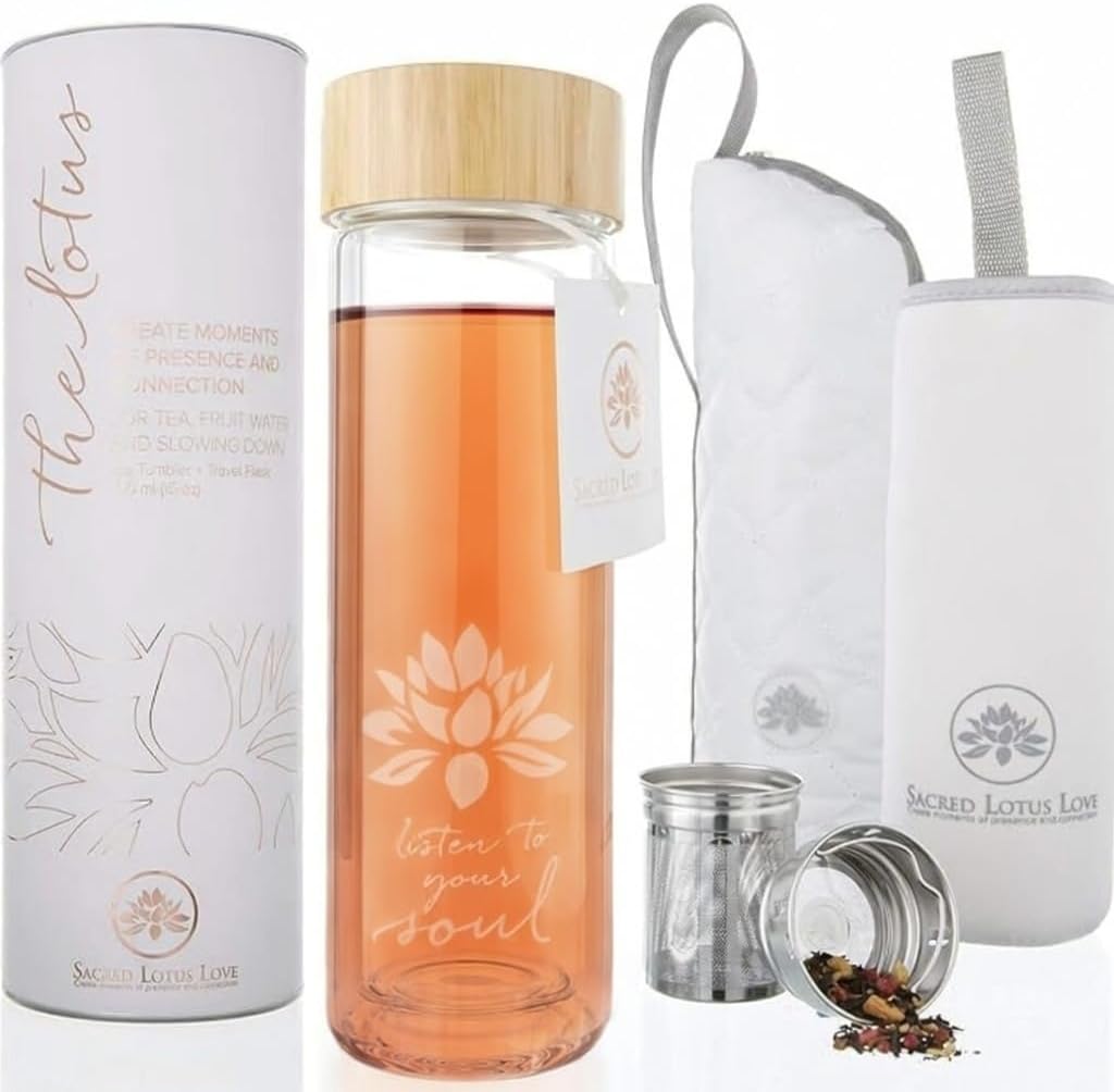 15oz Cozy Sacred Lotus Love Double-Walled Glass Tea Tumbler with Infuser and Strainer - Perfect for Loose Leaf Tea