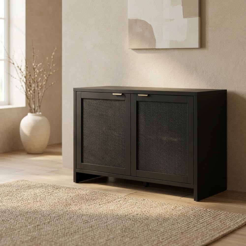 Furnifact Gray Record Player Cabinet with Vinyl Storage, Durable Wood, Stylish Design, Compact, Functional for Entertainment Centers