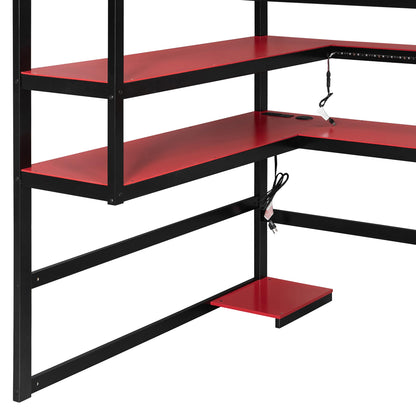 DNYN Gaming Loft Bed with Built-in Desk and Storage Shelves for Teens/Adults Bedroom, Space-Saving Full Size Wooden Bed Frame with LED & Side Race, No Box Spring Needed