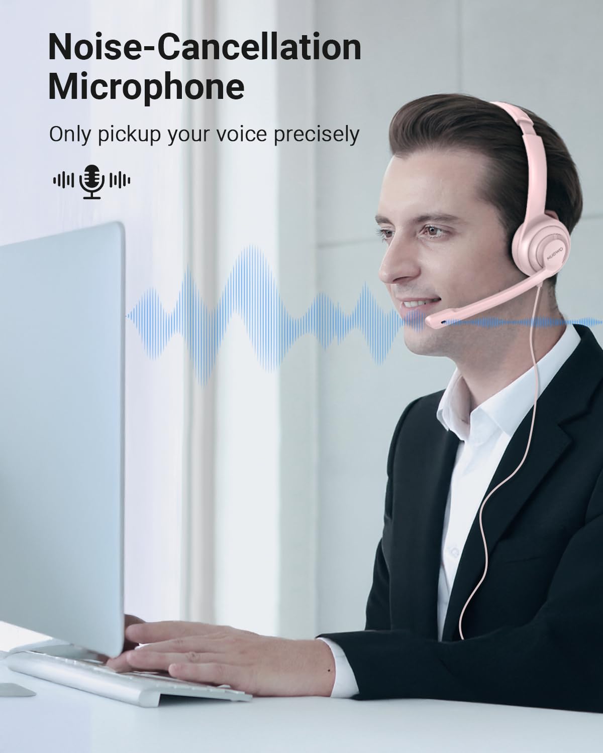 NUBWO HW02 USB Headset with Microphone Noise Cancelling &in-line Control, Ultra Comfort Computer Headphones for Laptop pc, On-Ear Wired Office Call Center Headset for Boom Skype Webinars (Pink)