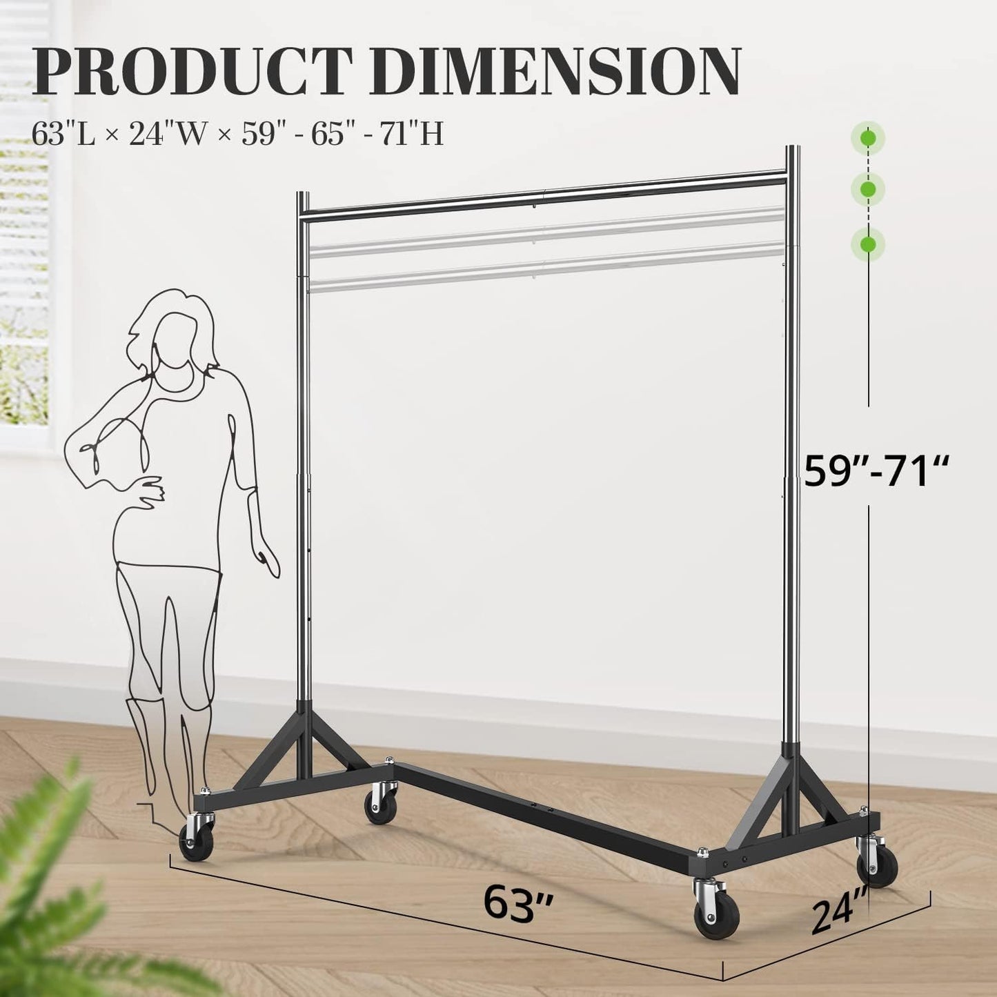 HOKEEPER Z Base Clothing Rack Heavy Duty Clothes Rack for Hanging Clothes Hold 500LBS Commercial Garment Rack with Wheels Adjustable Rolling Clothes Rack Portable Z 24" Dx63 Wx71 H, 3 Pack