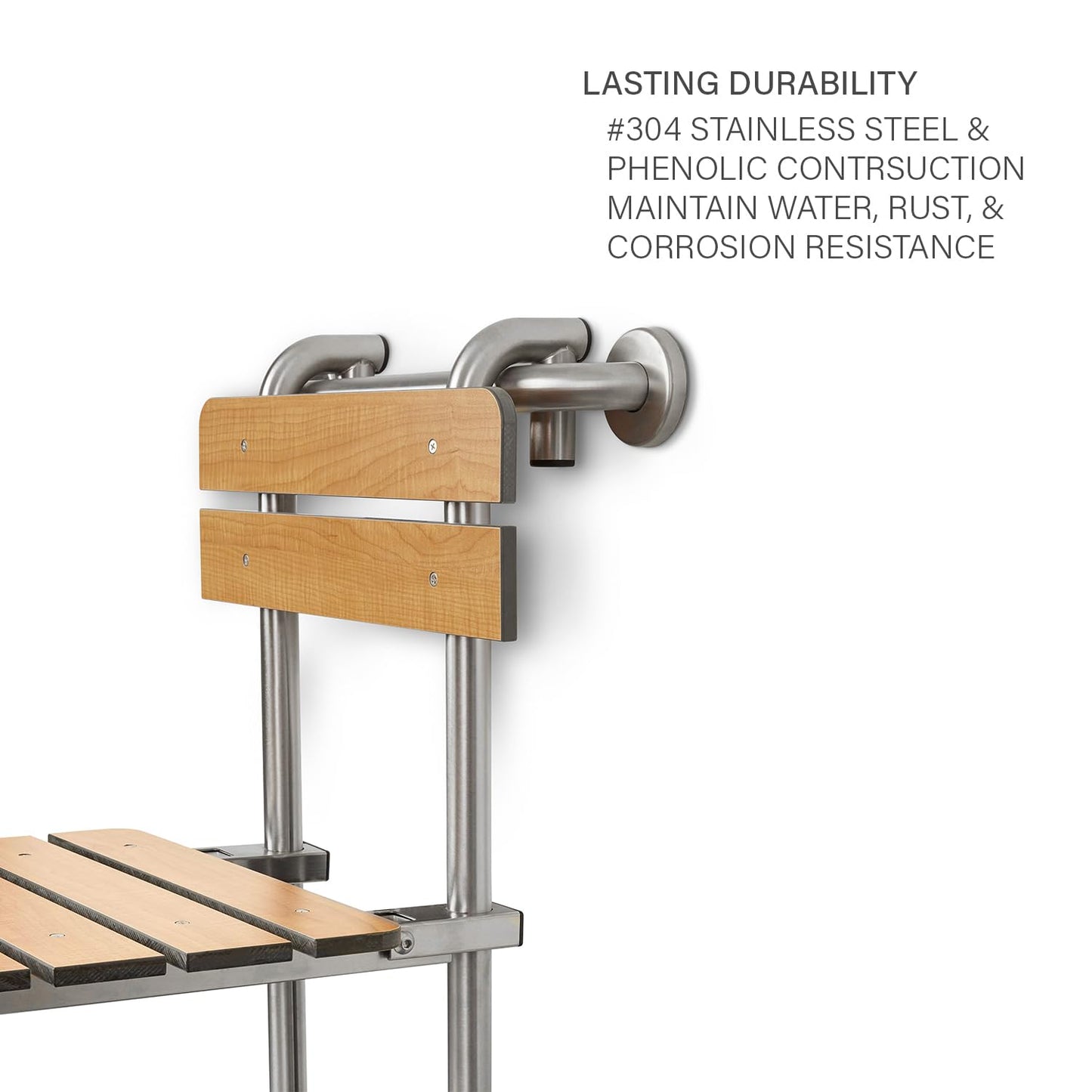 Seachrome Profile Folding Shower Seat with 18 inch Grab Bar, Removable Hanging Bench with Backrest & Legs, Teak Phenolic Seat, Stain Stainless Steel Grab Bar