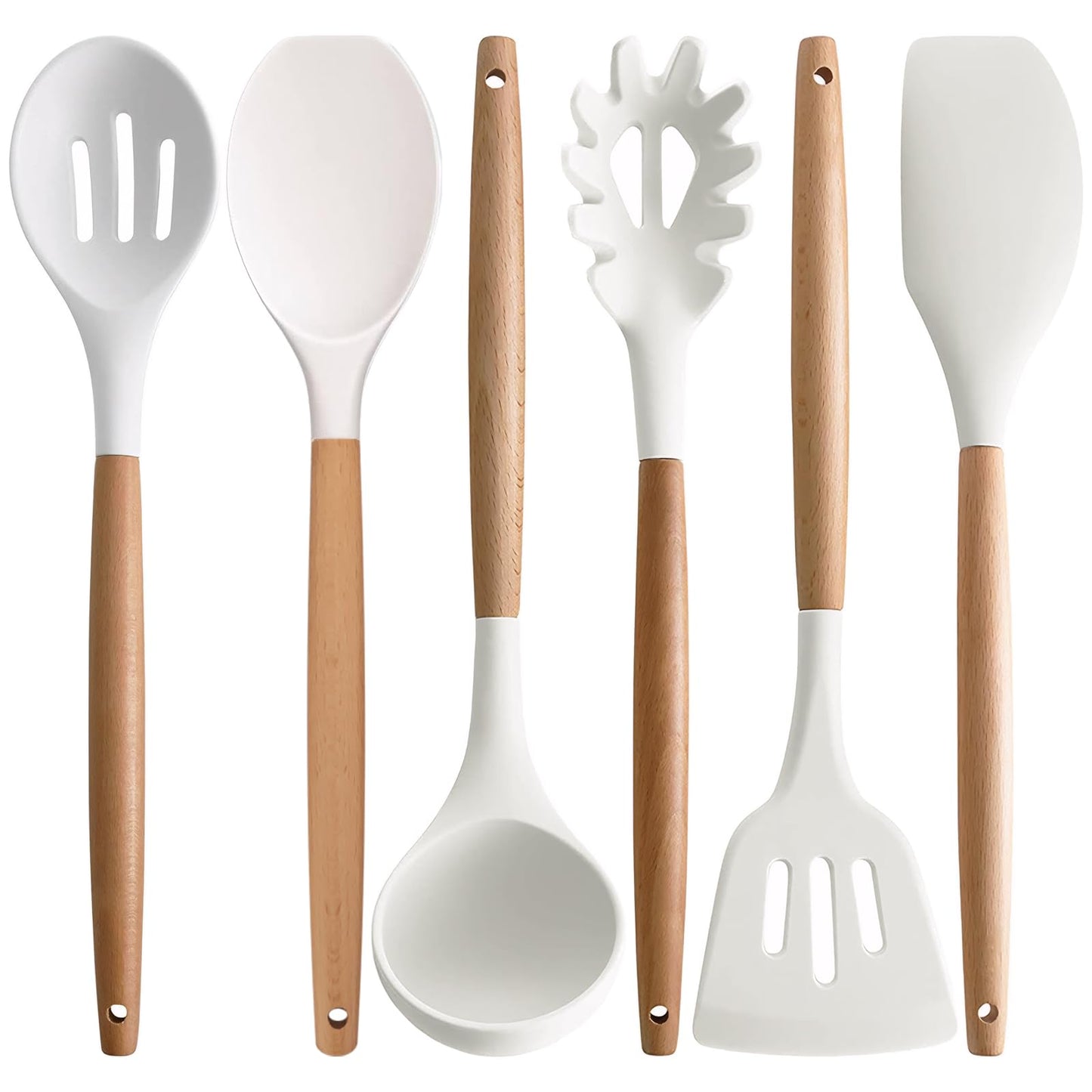 IOCBYHZ Kitchen Cooking Utensils Set 6Pcs Non-Stick Silicone Kitchen Utensils Spatula Spoon Turner Ladle Pasta Server, Heat Resistant Wooden Handle Silicone Cooking Gadgets Sets for Cookware & Baking