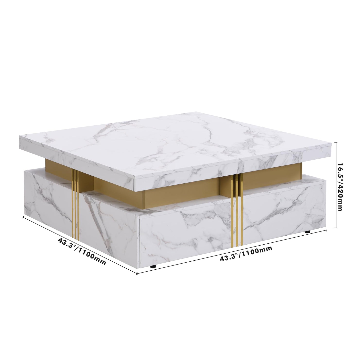 Merax Modern White and Gold Square Coffee Table with 4 Drawers, Ample Hidden Storage, Durable MDF Construction, Sleek Accent End Table for Living Room, Lounge, and Apartment Decor, White