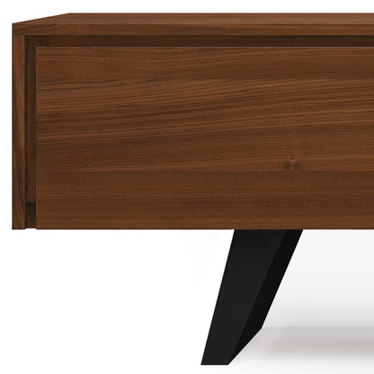 SIMPLIHOME Lowry TV Stand - 72 inch Wide Solid Mango Wood Media Console in Walnut, Modern Industrial Entertainment Center for Living Room for TVs up to 80 Inches with Open Shelf and Cable Management