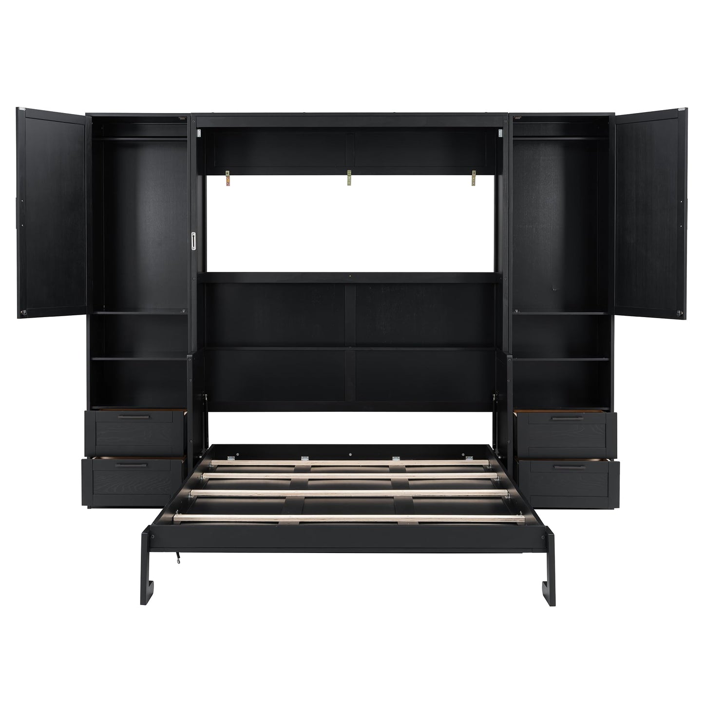 Merax Queen Size Murphy Bed with Desk, Multifunctional Foldable Wall Bed with Closet, Drawers and Shelves, Space-Saving Wood Bed Frame for Small Space Studio Study Office Guest Room, Black(Oak Veneer)