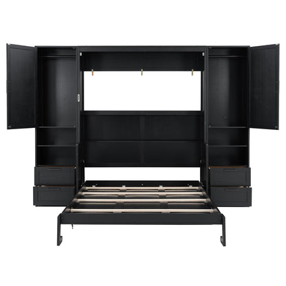 Merax Queen Size Murphy Bed with Desk, Multifunctional Foldable Wall Bed with Closet, Drawers and Shelves, Space-Saving Wood Bed Frame for Small Space Studio Study Office Guest Room, Black(Oak Veneer)